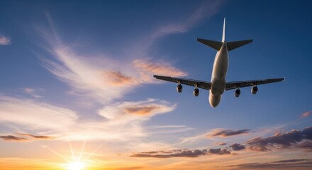 Airplane flying in the sky during sunset with clouds and sun