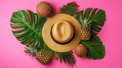  Tropical-themed arrangement with a straw hat, pineapple, coconut, and palm leaf on a pink background