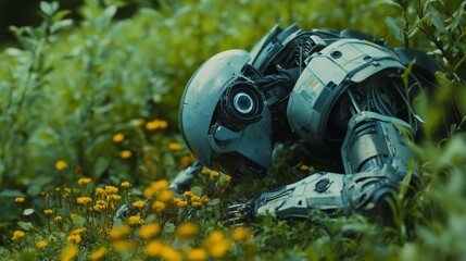 A robotic figure examining nature in a lush environment. The blend of technology and nature evokes deep thoughts. Observe the harmony between metal and flora. Generative AI.