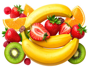Assorted Fresh Tropical Fruits Mix with Banana, Strawberry, and Blueberry, Top View, Isolated on Transparent Background PNG