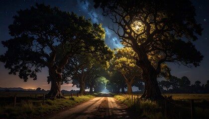 A moonlit night scene showcases a dirt road framed by towering, illuminated trees, leading towards a distant horizon