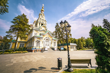 Scenic exterior view of the Patriarchal Cathedral of the Holy Ascension in Almaty, Kazakhstan, the second tallest wooden church in the world
