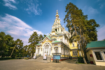 Scenic exterior view of the Patriarchal Cathedral of the Holy Ascension in Almaty, Kazakhstan, the second tallest wooden church in the world