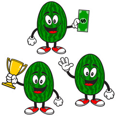 Watermelon Mascot Set 04, Hand Drawn illustrations of Watermelon Mascots in various poses.