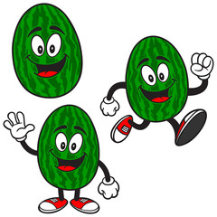 Watermelon Mascot Set 01, Hand Drawn illustrations of Watermelon Mascots in various poses.