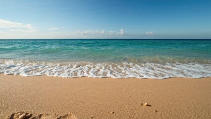 Fototapeta premium Summer sandy beach background with wave, sea, and sand