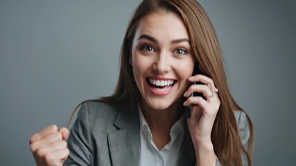 Excited Young Businesswoman Celebrating Success on Phone Call, Clenching Fist in Triumph