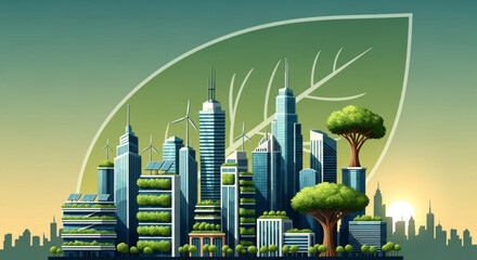 Ecofriendly city with green buildings and renewable energy sources depicted
