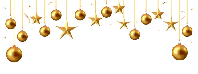 Gold christmas balls with shadow and confetti isolated on transparent background	