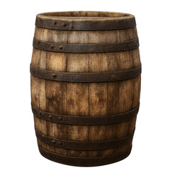 Obraz premium Aged Rustic Wooden Barrel with Robust Dark Metal Hoops and Rivets, Expertly Crafted for Wine, Whiskey, Beer Fermentation, Storage & Aging, Rainwater Collection, or as a Charming Vintage Decorative Acc