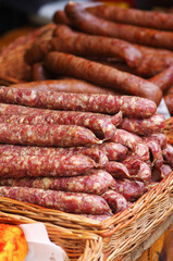 Artisan sausages for sale at European farmer market