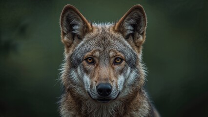 Obraz premium Face portrait of a young wolf with a soiled nose, looking directly into the camera. Dangerous beast, wildlife beauty, on a blurred background.