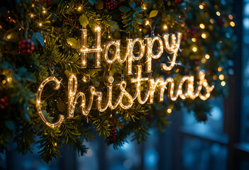 Happy Christmas” with glowing fairy lights