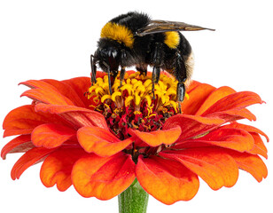 Bumblebee on Vibrant Zinnia Flower Collecting Nectar, Close-Up, Isolated on Transparent Background PNG