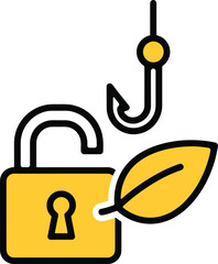 Security and phishing concept with lock, hook, and leaf icon representing data protection and online scam risks