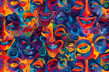 Modern Abstract Expression of Colorful Theater Masks, Seamless Painted Design