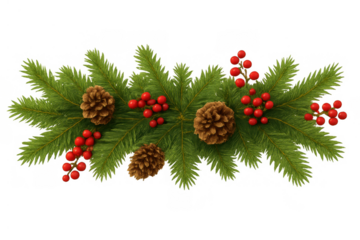 Festive christmas garland elements decorating a border, featuring green fir branches, vibrant red berries, and natural pinecones
