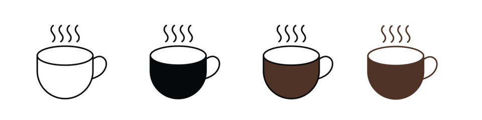 Hot chocolate mug icon in outline, solid, and color styles with a white background, available in EPS format. Perfect for winter, café, beverage, and cozy-themed designs.