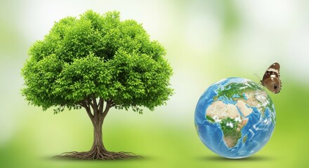 A lush green tree stands beside a vibrant earth globe with a butterfly perched on it, symbolizing nature and environmental care