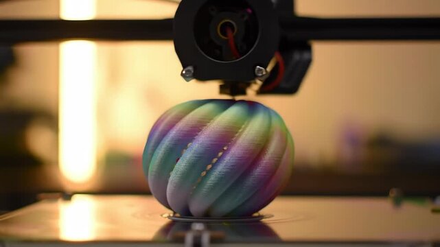 Multicolor 3D printer creates a unique textured sphere with vibrant hues.