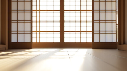 Sunlight streams through a shoji screen door, casting warm light and shadows on the wooden floor of a traditional Japanese room, creating a serene atmosphere.