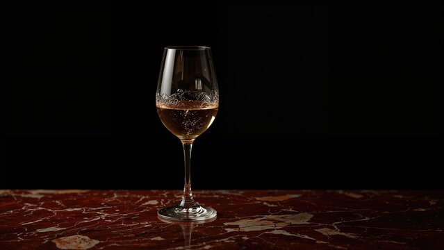 A serving of wine at a drinking establishment on a table with a dark background.