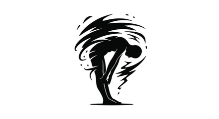 Silhouette of a person bending over with abstract black shapes around them on a white background
