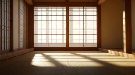 Minimalist interior featuring traditional Japanese design, with light streaming through shoji screens, creating peaceful ambiance & geometric patterns on the tatami mat.