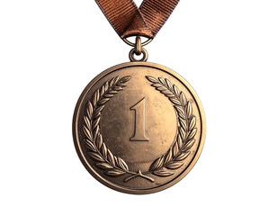Angled Bronze Medal Hanging with Ribbon and Laurel Detailing Isolated on Transparent Background PNG