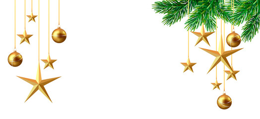 Christmas banner with fir branches, stars and christmas balls isolated on transparent background.	