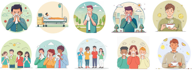 Fototapeta premium People with colds and flu symptoms, sneezing and drinking tea for recovery. Group illness concept, seasonal virus, quarantine icons illustration