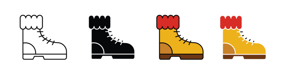 Hiking boots in snow icon in outline, solid, and color styles with a white background, available in EPS format. Perfect for winter, adventure, travel, and outdoor-themed designs.