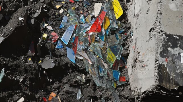 Broken shards of colored glass embedded in rough concrete