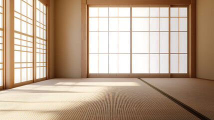 A serene room with traditional wooden windows, casting light across the woven floor mats, creating a peaceful, minimalist interior aesthetic. Warm light and calm ambiance.