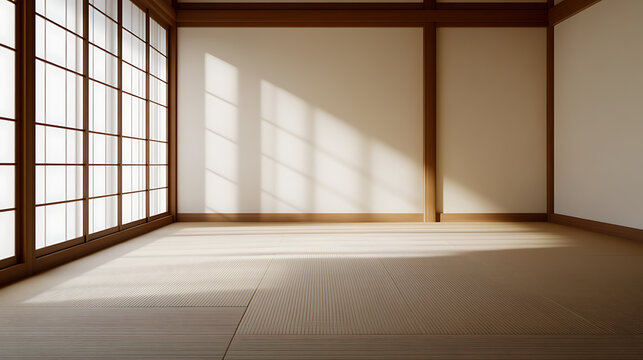Minimalist Interior Design: A serene and empty room featuring tatami mats, a large window with light streaming in, and wooden accents creating a calm and inviting atmosphere.