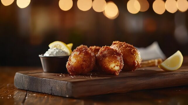 Close up image of crispy fish and chips with lemon and sauce