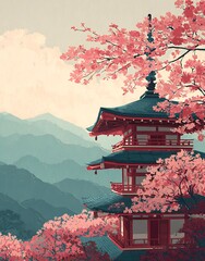 A traditional japanese pagoda nestled among misty mountains, framed by delicate pink cherry blossoms in spring