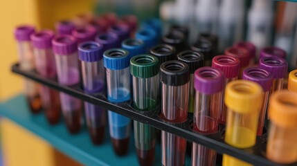 Test tubes filled with various colored solutions in a laboratory rack