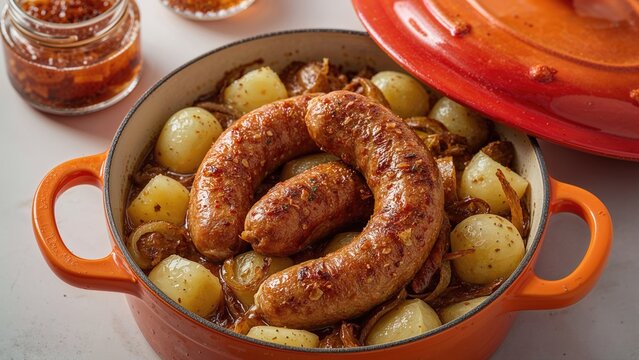 Ring pudding sausages with potatoes and onions in a jar with adjika in an orange saucepan, selective focus
