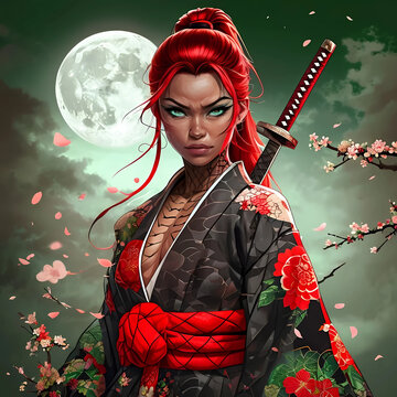 donna samurai vestita con un kimono in mezzo ad una pioggia di petali di pesca nella notte illuminata dalla luna piena, samurai woman dressed in a kimono amidst a rain of peach petals on a night