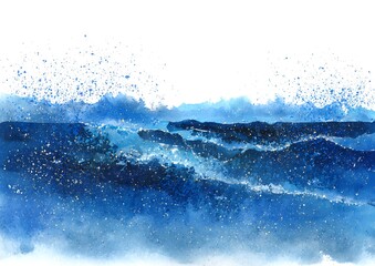 Dynamic ocean wave crashing with sea spray and foam, watercolor style