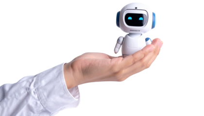 A robotic device is held gently in a hand, its presence evoking the concept of technology. The human hand provides a visual representation of how technology can be embraced. 
