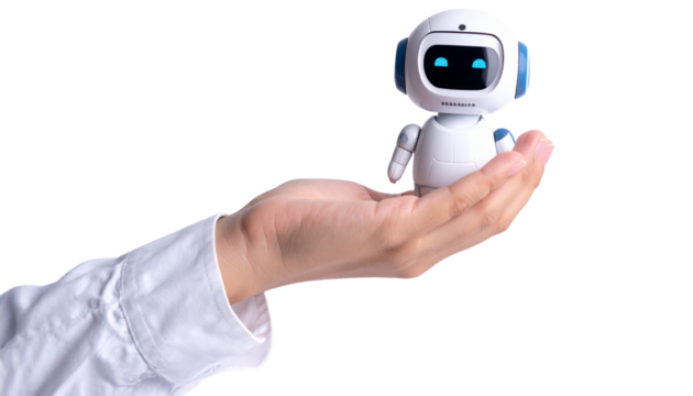 A robotic device is held gently in a hand, its presence evoking the concept of technology. The human hand provides a visual representation of how technology can be embraced. 