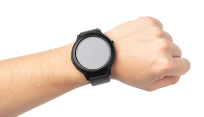 A person is wearing a modern smartwatch. The device is on their wrist, showing a blank screen, suggesting it's ready for use