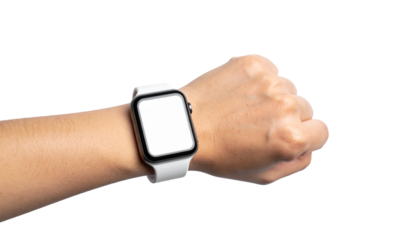 A person's wrist with a modern smartwatch, with a blank screen. This represents technology's embrace in modern lifestyle, displaying time and information on your wrist
