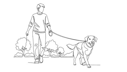 High quality black continuous front view line art of person walking dog in park with leash and trees outlined, minimal clean vector illustration