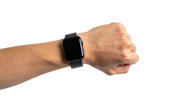A close-up view of a wrist wearing a smart watch with a black screen and a black strap, showcasing the technology and design of a modern device. 