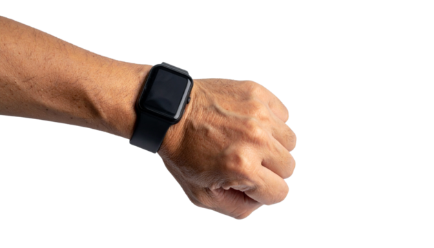 A close-up shot of a wrist with a modern smartwatch, showcasing sleek technology. The watch's display is dark and the focus is on the wrist itself. The strap is black. - Powered by Adobe