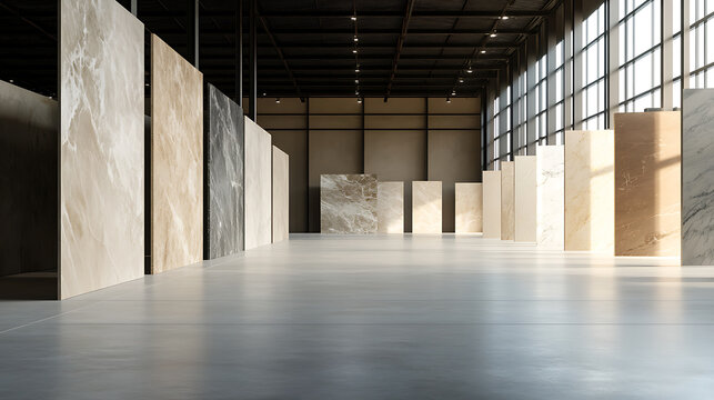 Spacious showroom featuring a diverse selection of large-format tiles. Natural light enhances the textures & colors, offering a modern, sophisticated look.