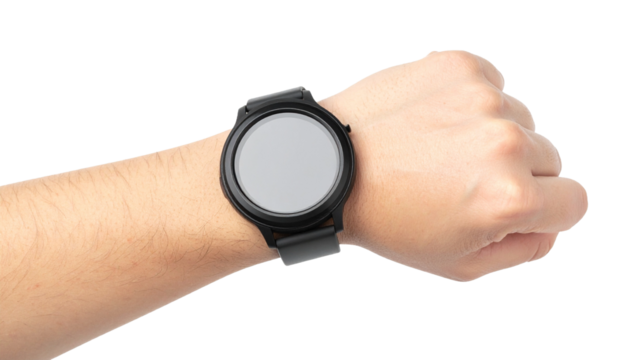A person is wearing a modern smartwatch. The device is on their wrist, showing a blank screen, suggesting it's ready for use